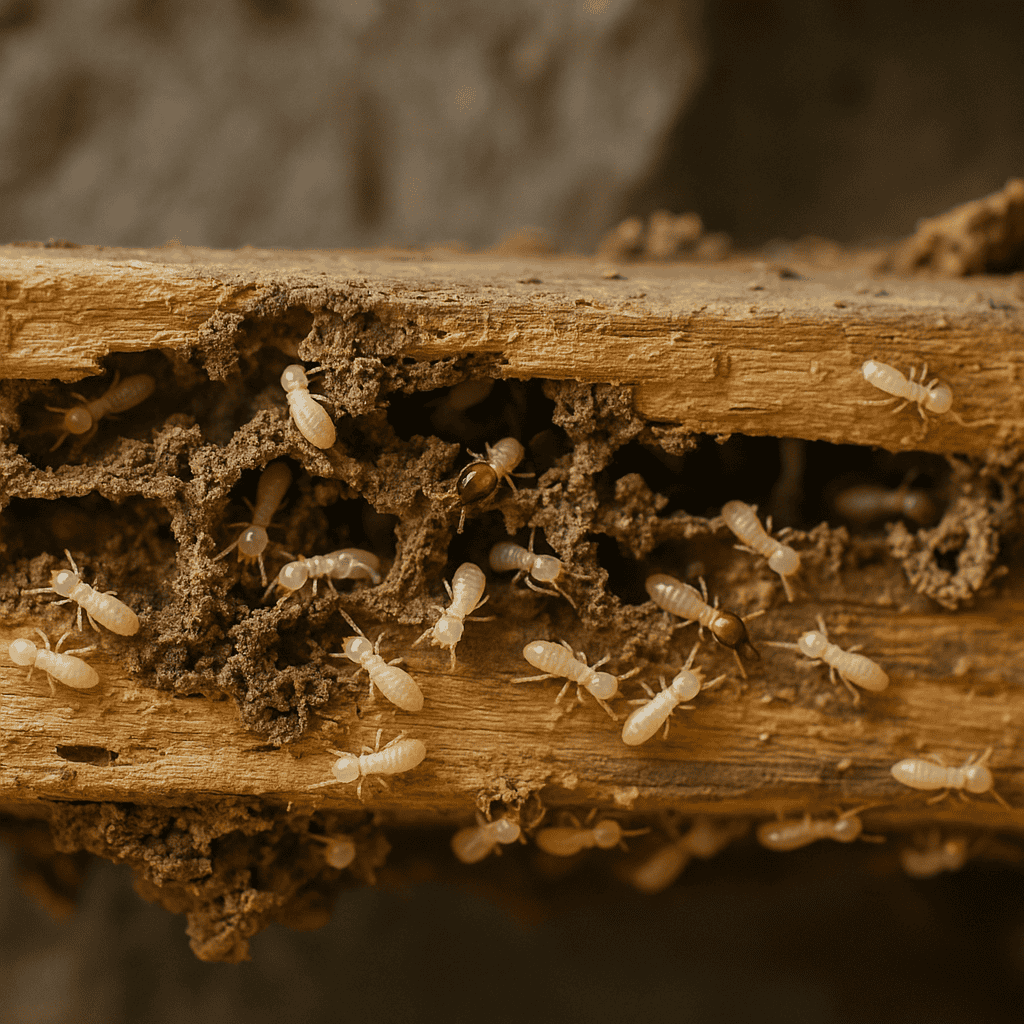 De véritables termites blanches dans un bois endommagé, infestant le bois ou le sol, illustrant un problème d'infestation de termites.