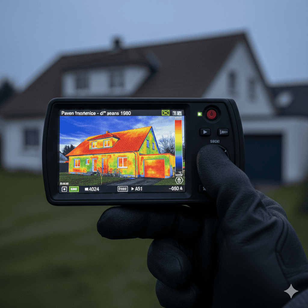Caméra thermique montrant les pertes de chaleur (ponts thermiques) d'un pavillon des années 80 pour un audit énergétique