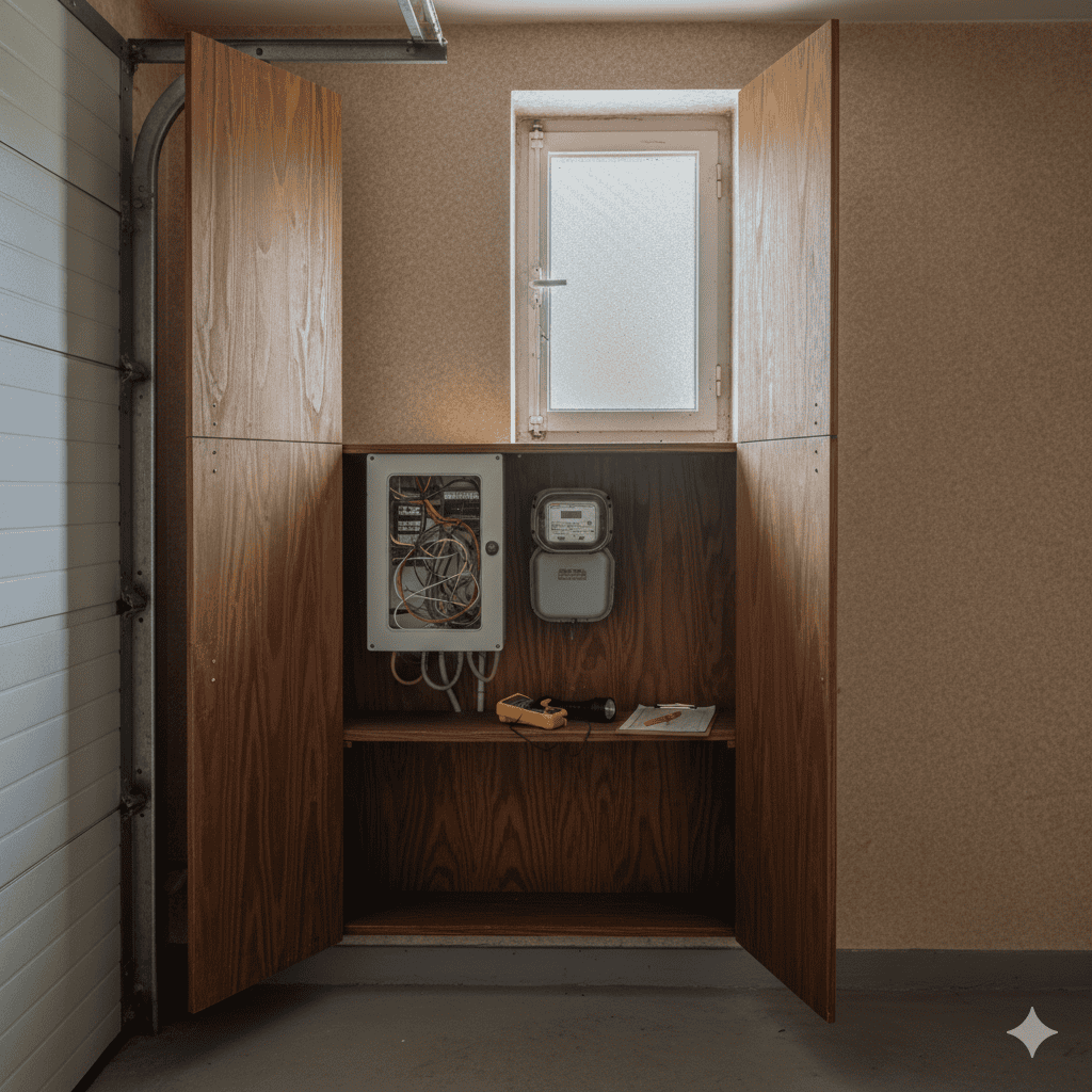 Tableau électrique et compteur dans un placard de garage d'une maison des années 80, expertise DIAG PERIER à Ploërmel