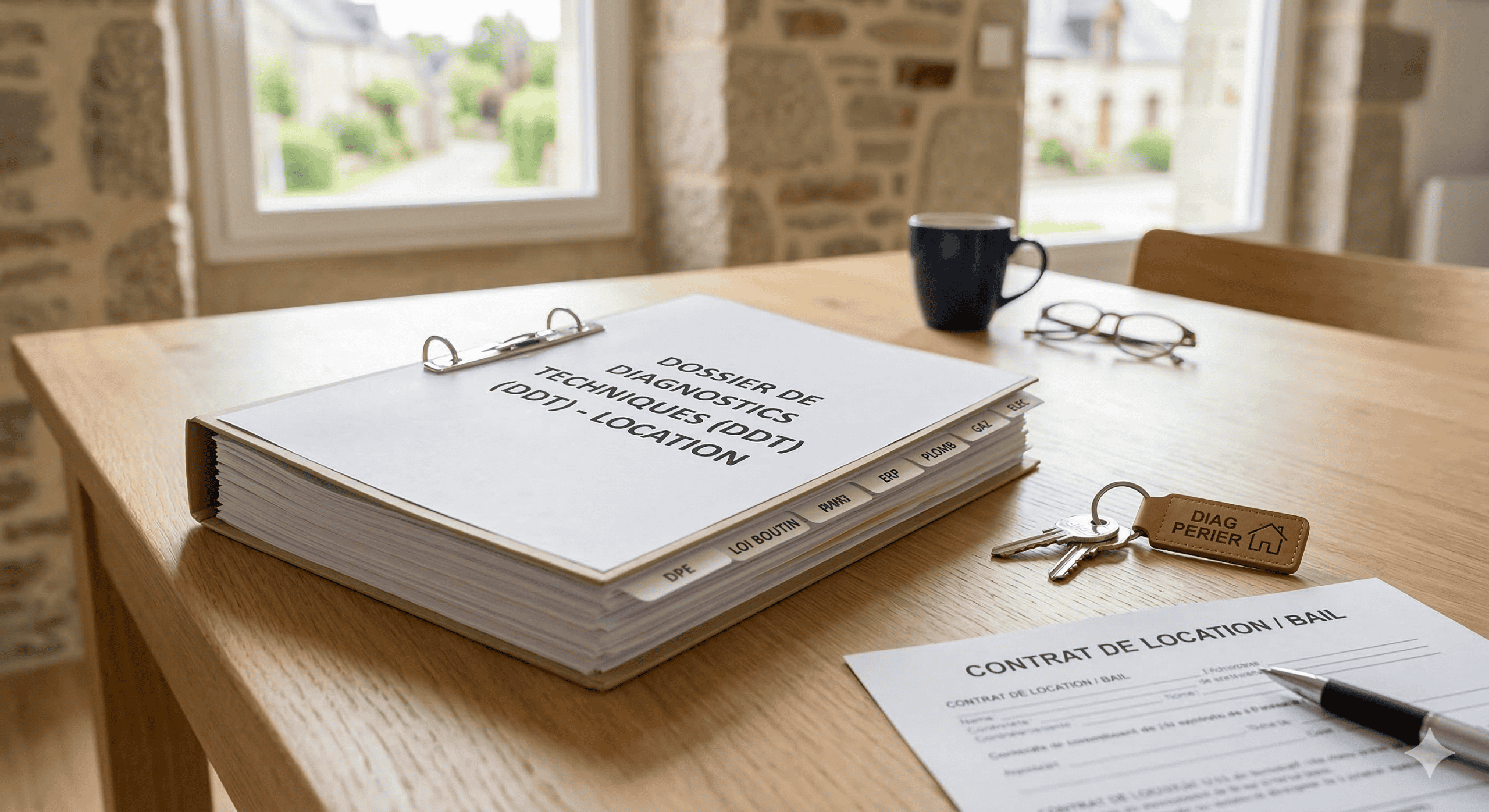 Dossier de Diagnostics Techniques (DDT) complet pour location avec contrat de bail et clés sur une table en bois clair, expertise DIAG PERIER à Ploërmel.