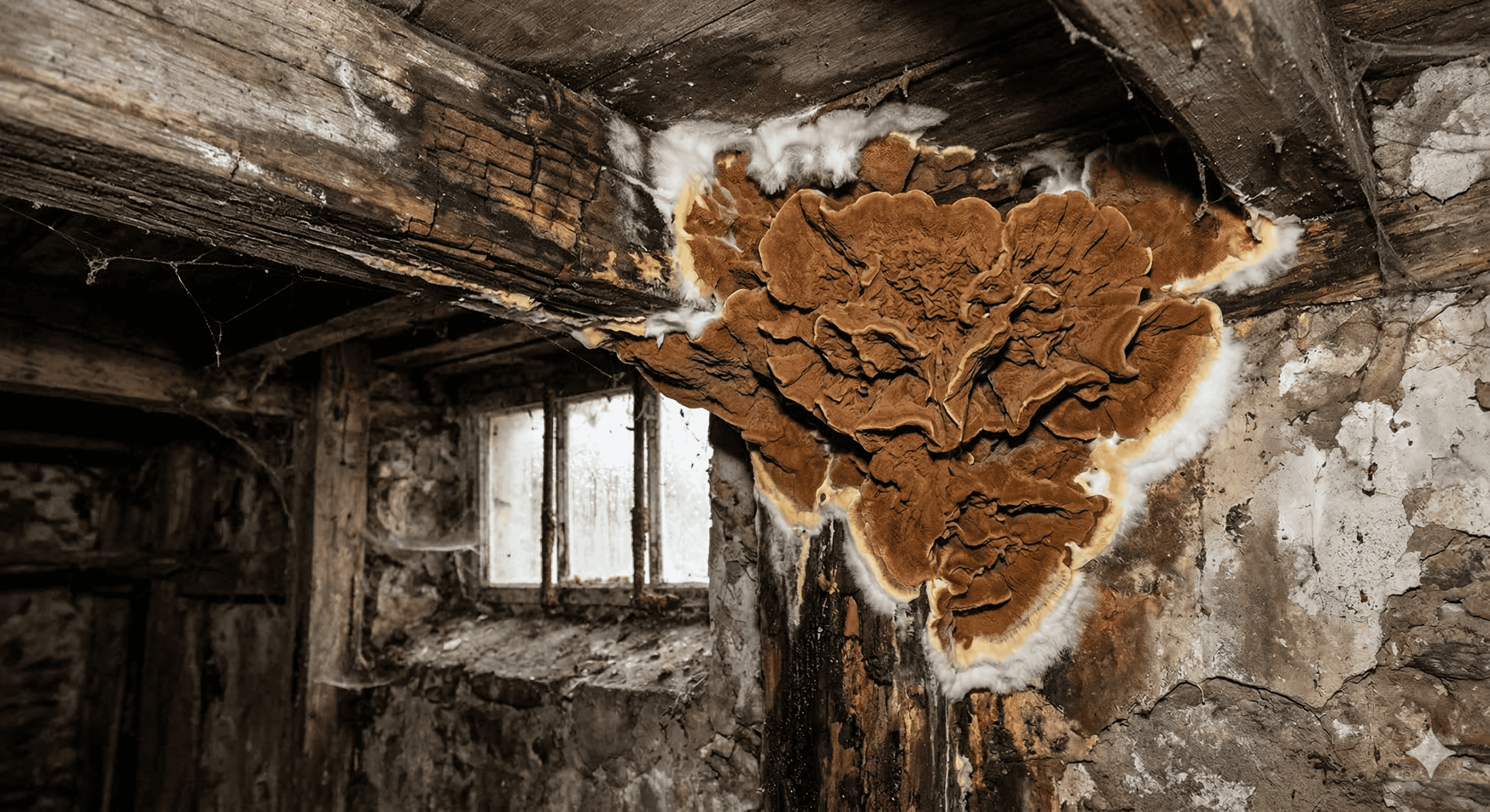 Infection active de mérule (Serpula lacrymans) avec mycélium blanc et fructification brune sur charpente en bois humide, diagnostic parasitaire DIAG PERIER dans le Morbihan